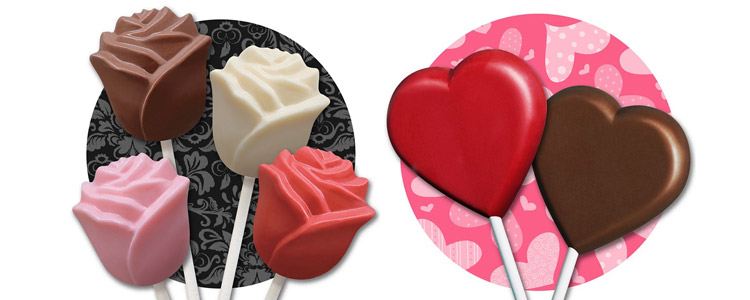 These delicious milk chocolate, heart and rose shaped lollipops, sell for only $1 each.